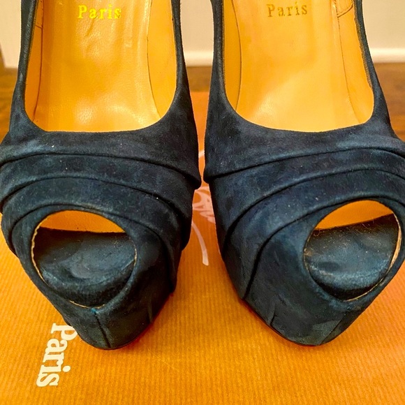 Christian Louboutin Drapesse 160 Suede Teal Peep Toe Heels